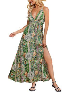 Women's Green V Summer Dress Floral Paisley Backless Spaghetti Strap Side